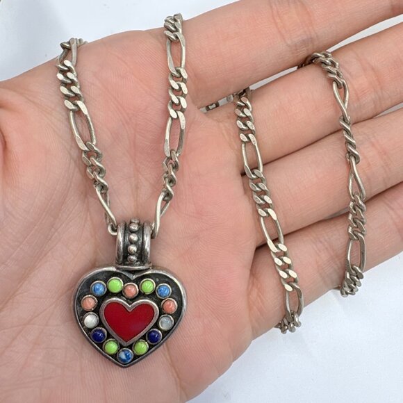 Sterling Silver 925 Multi Stone Heart Figaro Chain Pendant Necklace 19.5" Length - Picture 5 of 14